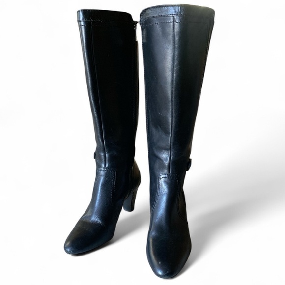 Anne Klein Black Leather Heeled Boots Knee High AKGAELYN 3” Heel Zipper Closure - Picture 5 of 9
